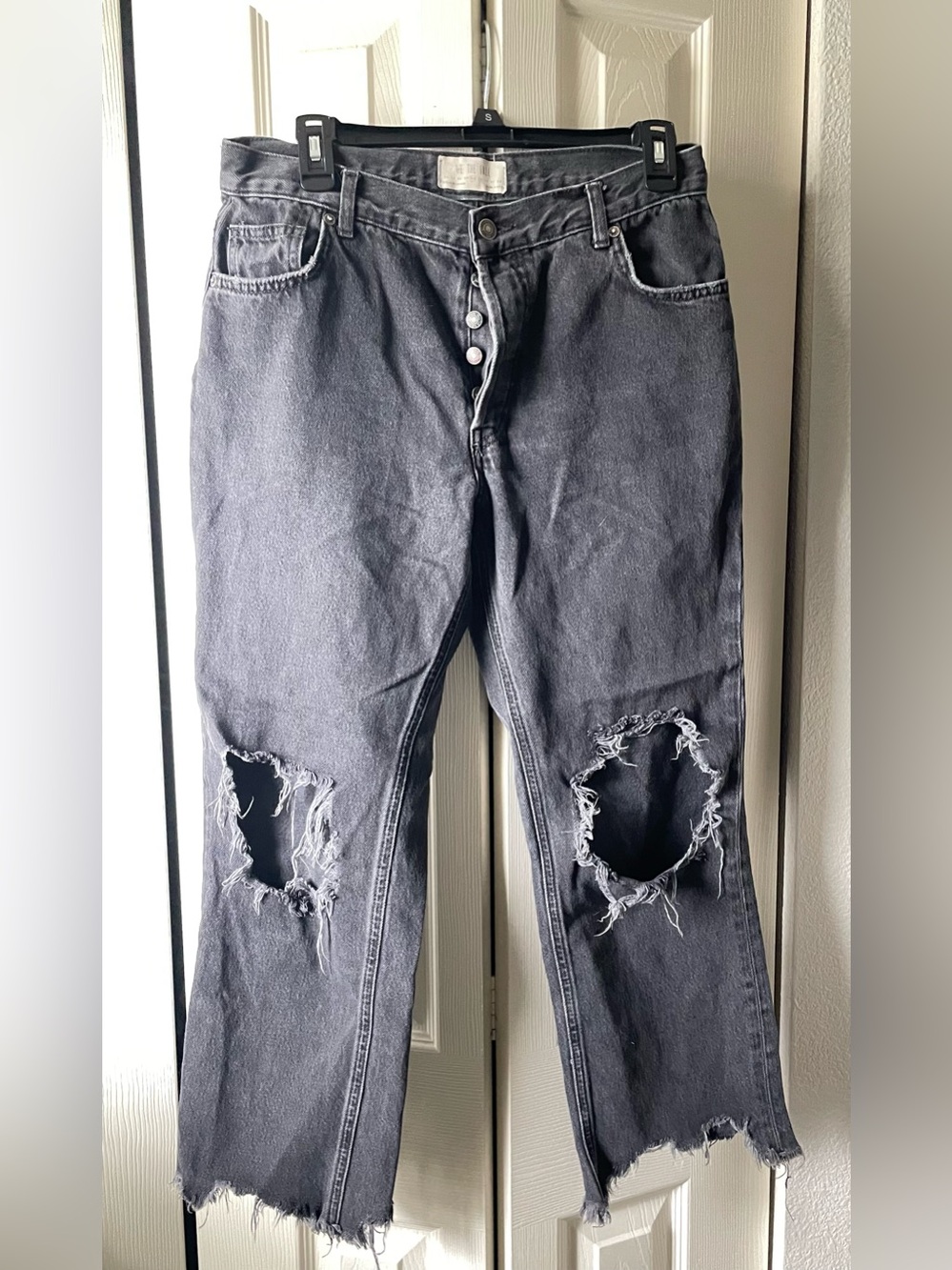 We The Free Washed Black Distressed Wide-Leg Flare Jeans